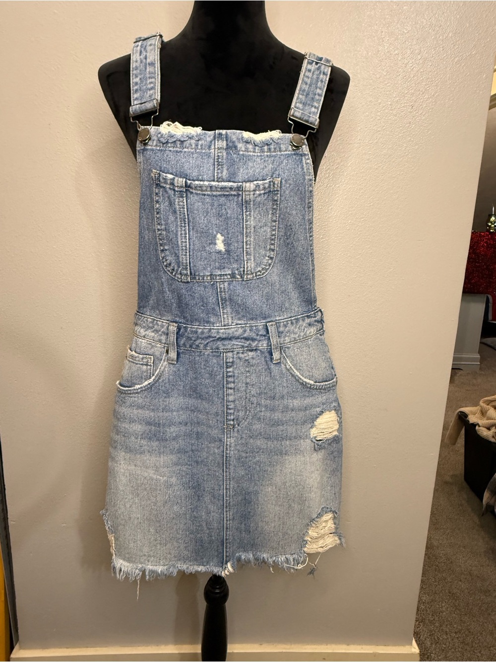 Women’s Light Wash Denim Overall Dress with Distressed Detail